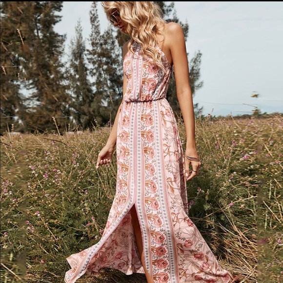 (Last 2) Pink boho floral print maxi halter backless summer dress - Picture 5 of 8